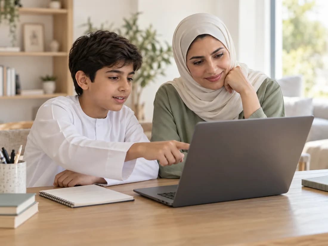 أم تتابع تعلّم ابنها على الحاسوب